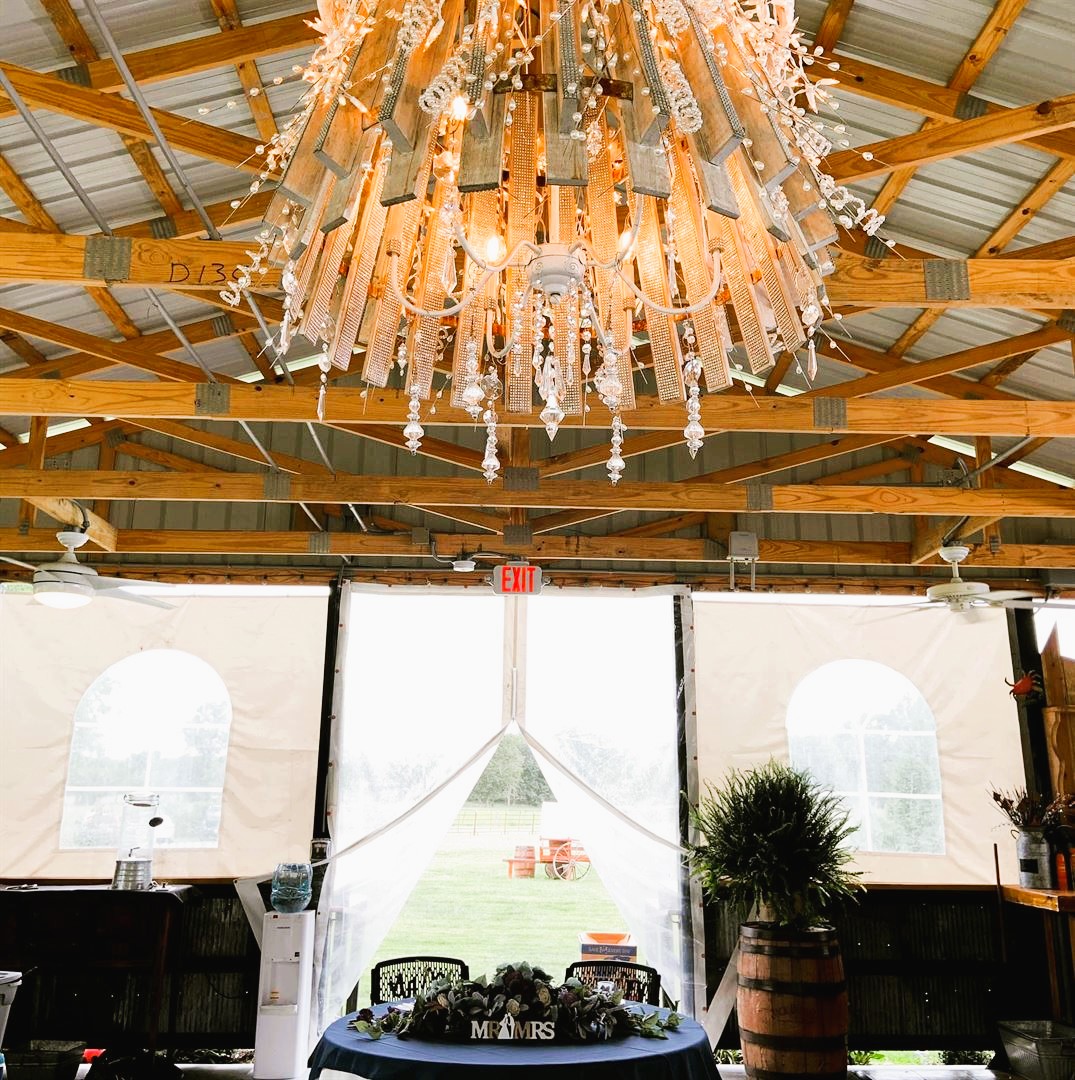 chandelier in barn venue