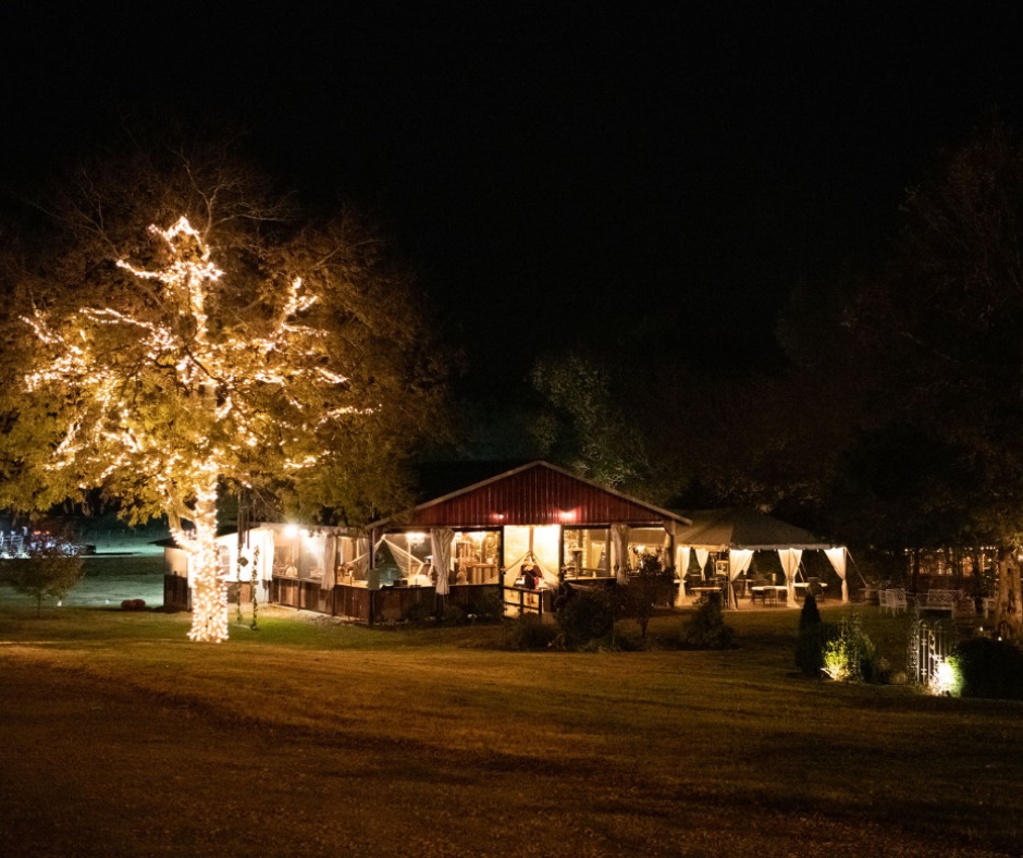 wedding venue at night with lights in trees